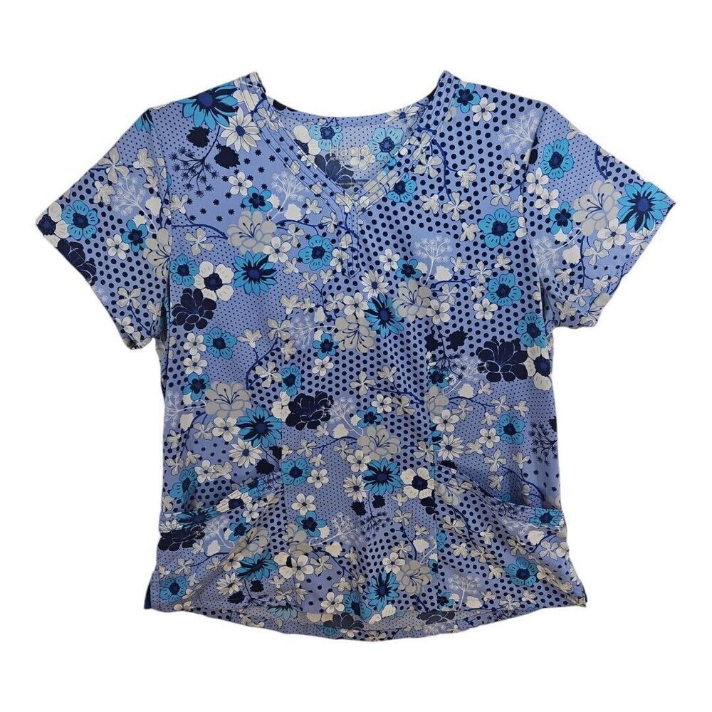 Happy Scrubs Navy Blue Floral V-neck Scrub Top Size L